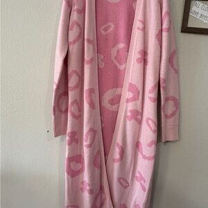 Light Pink Leopard-Print Open Front Long Cardigan Sweater